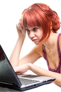 Unemployed woman searching online for job clipart