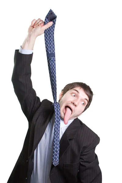 Hang tie suicide of desperate businessman with long tongue.