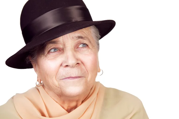 Elegant old senior woman with hat — Stock Photo, Image