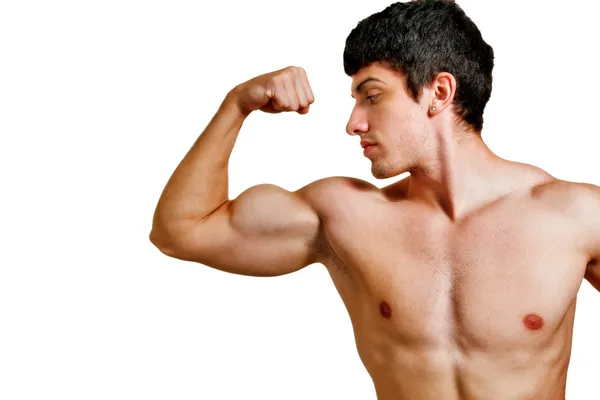 白で隔離される筋肉の上腕二頭筋を持つ男 — ストック写真