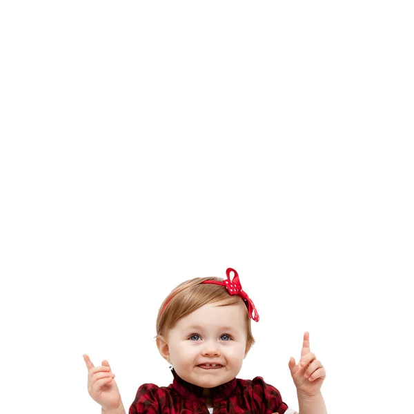 Işaret yukarıya ve yukarıda izole bebek kız — Stok fotoğraf