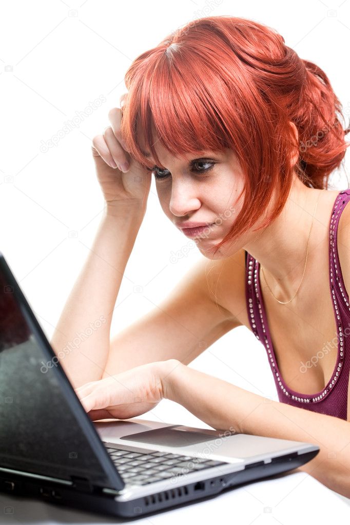 Unemployed woman searching online for job
