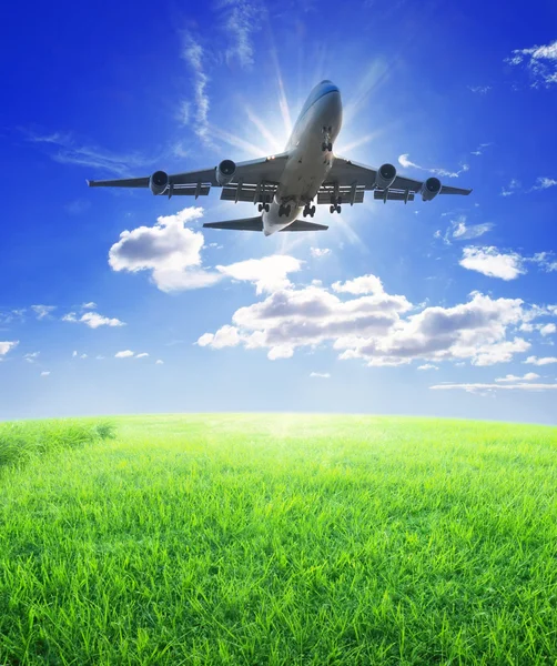 Airplane fly over grass — Stock Photo, Image