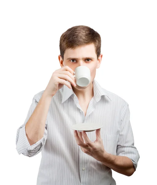 Homem de negócios com uma chávena. Isolado sobre fundo branco — Fotografia de Stock