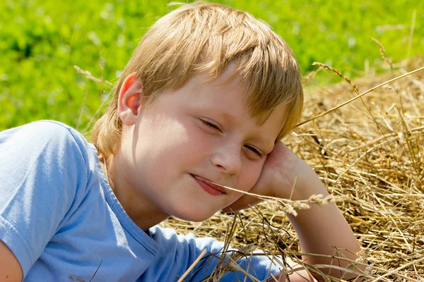 男孩在草堆上休息. — 图库照片