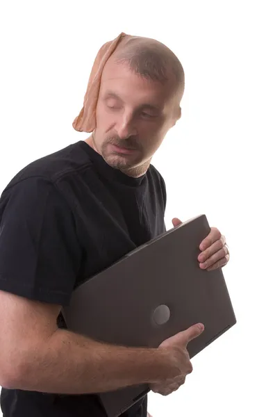 Ladro rubare un computer portatile su sfondo bianco Foto Stock Royalty Free