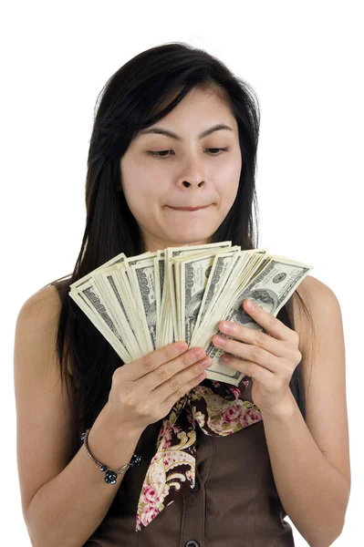 Красивая женщина с кучей денег — стоковое фото