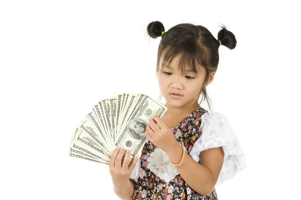 Küçük kız bizi dolar sayma — Stok fotoğraf
