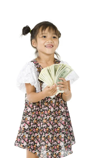Cute girl with us dollars — Stock fotografie
