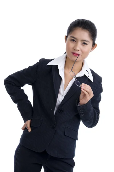 Business woman holding her glasses — Stock Photo, Image