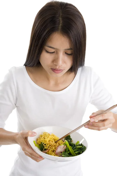 Ázsiai nő evés chop pálca — Stock Fotó