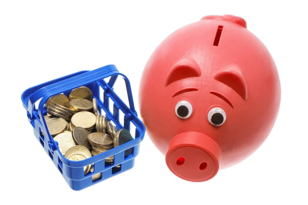Piggy Bank com cesta e moedas — Fotografia de Stock