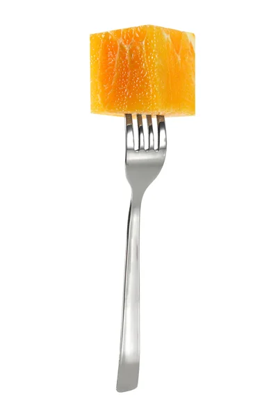 Gabel mit Würfel aus Orange — Stockfoto