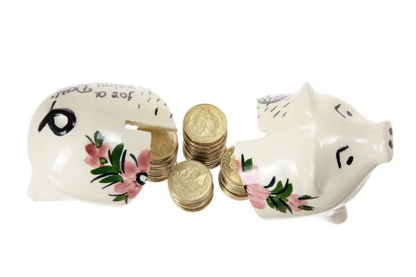 Broken Piggy Bank and Coins — Stock Photo, Image