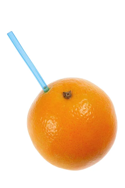 Orange mit Trinkhalm — Stockfoto