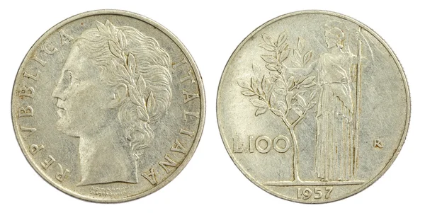 Moneta 100 lirów Włochy z 1957 roku — Zdjęcie stockowe