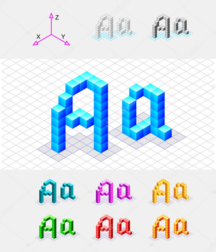 Isometric font from the cubes.Letter A. Vector
