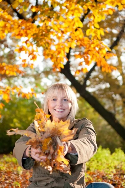 Молодая женщина играет с осенними листьями — стоковое фото