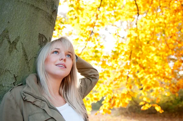 Bir ağaçta duran genç kadın — Stok fotoğraf