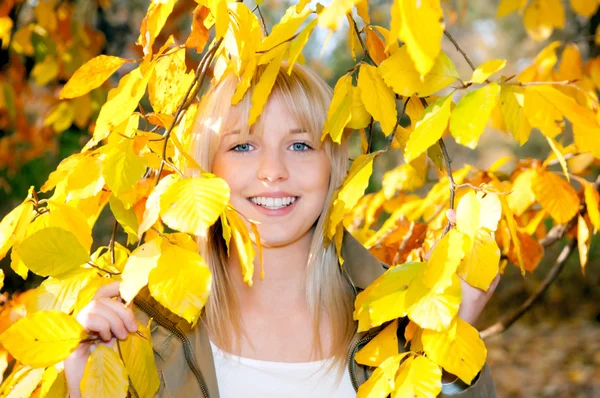 Donna guarda attraverso foglie di autunno — Foto Stock
