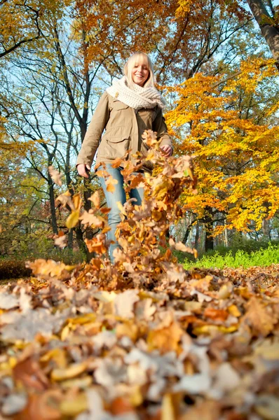 Femme jouant avec les feuilles d'automne Photos De Stock Libres De Droits