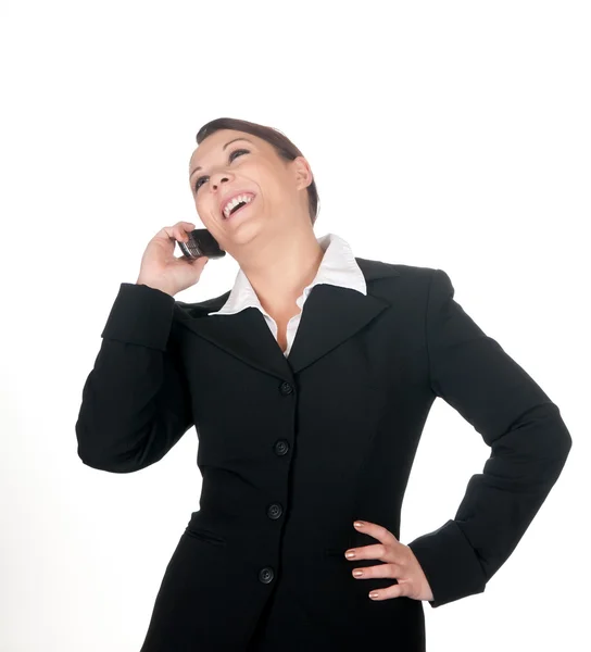 Glad affärskvinna med mobiltelefon — Stockfoto