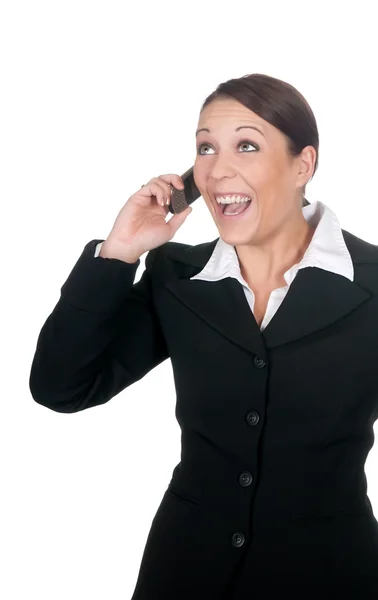 Счастливая деловая женщина с мобильным телефоном — стоковое фото