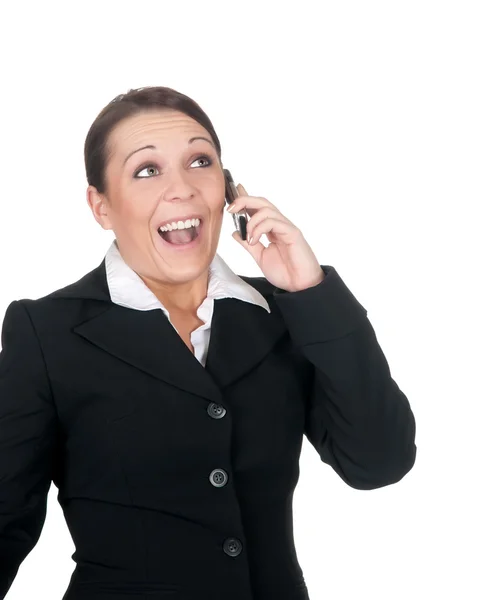 Glad affärskvinna med mobiltelefon — Stockfoto