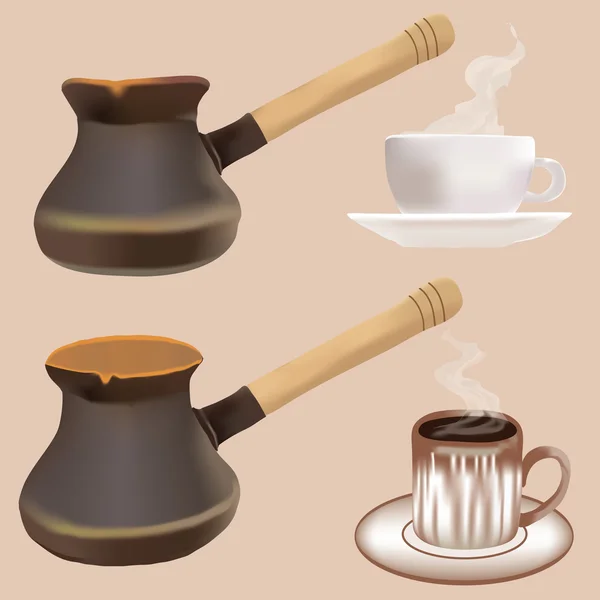 Cafetière et tasse ensemble vecteur isolé sur fond beige — Image vectorielle