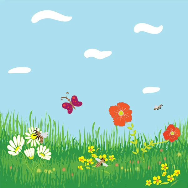 Bezešvé horizontální pozadí s trávou, květiny, motýl, včely, obloha a mraky — Stockový vektor