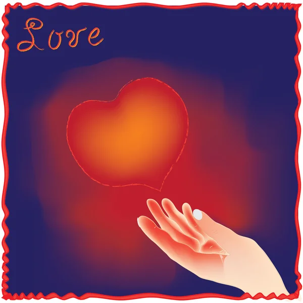 Shining heart with hand in valentine`s card design — Stock Vector