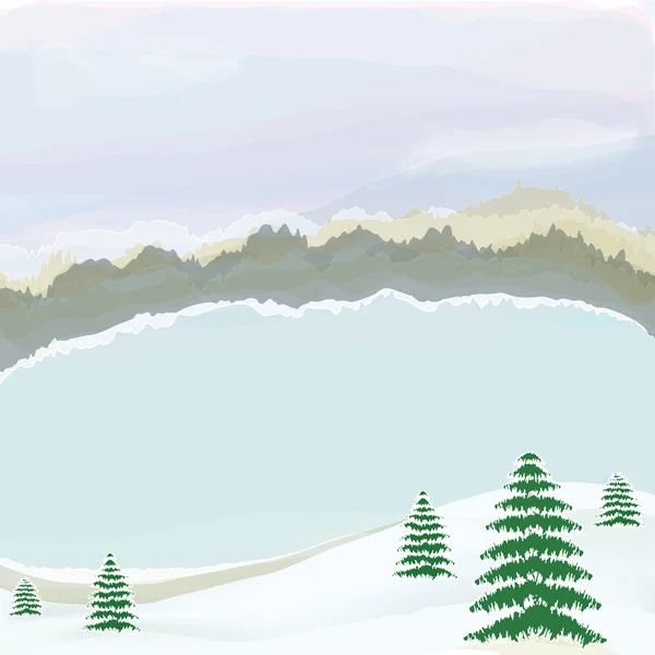 Winterlandschaft mit See, bewölktem Himmel, Schnee, Nadelbäumen, Horizont und Fossilien — Stockvektor