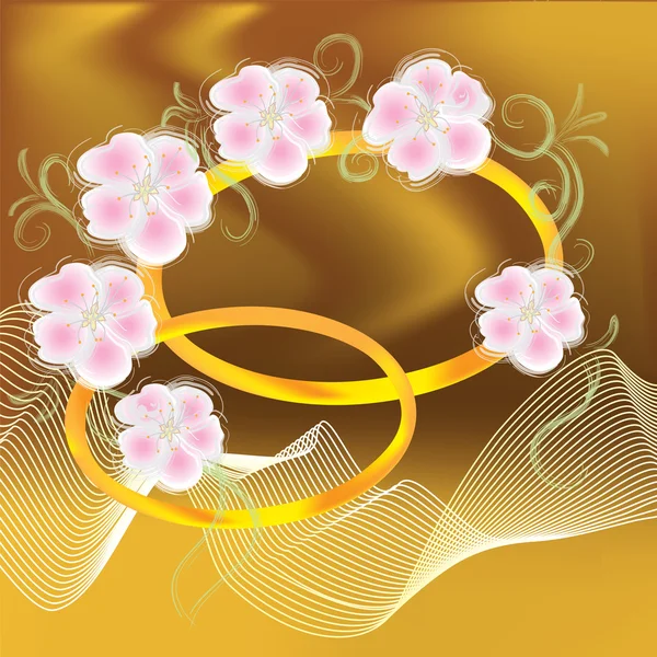 Svatební pozvánky s kroužky, závoj a květiny — Stockový vektor
