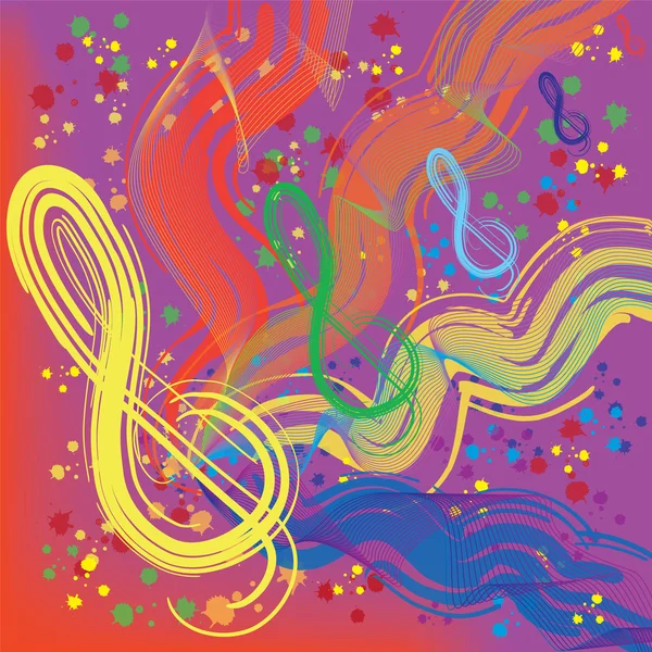 Abstract musical background with treble clef, rainbow waves and splash — Stock Vector