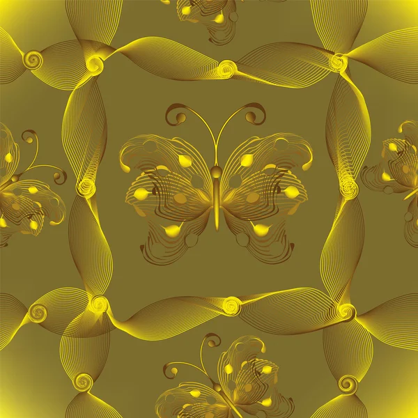 Seamless mönster med gyllene fjärilar, ränder och virvel — Stock vektor