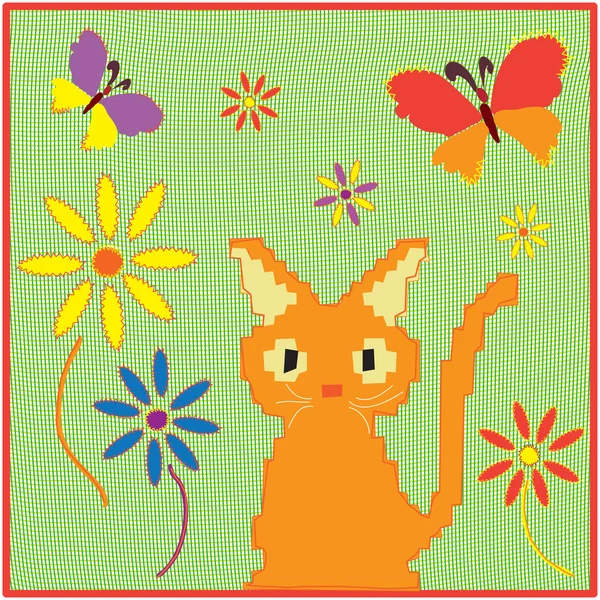 Childish cartoon applique fabric card with kitten ,butterflies and flowers — Stock Vector