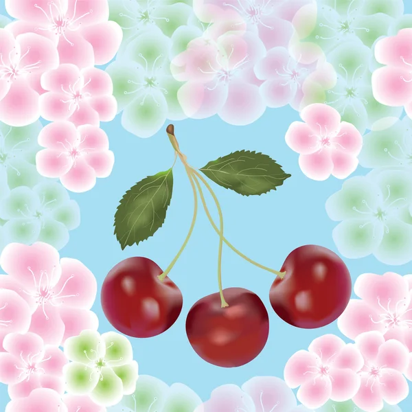 Cherry berry i kwiaty skład bezszwowe — Wektor stockowy