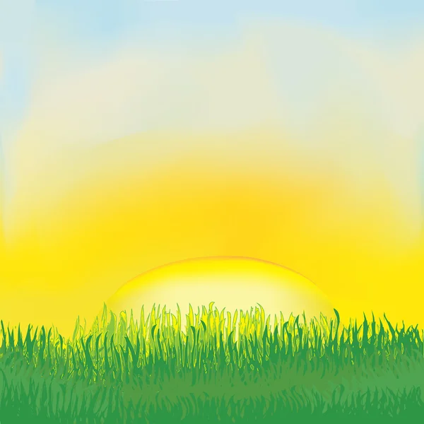 Paesaggio con alba, prato, erba, cielo nuvoloso — Vettoriale Stock