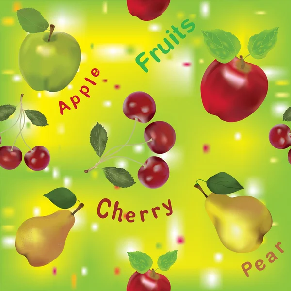 リンゴ、梨、チェリーとのシームレスな果物組成 — ストックベクタ