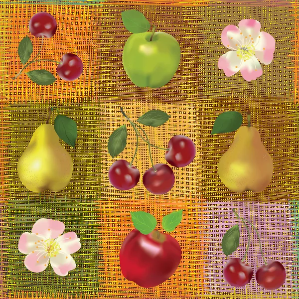 Безшовна композиція з фруктів на барвистому смугастому фоні — стоковий вектор