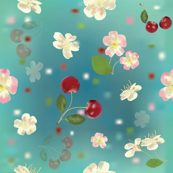 Modello floreale senza cuciture con bacche di ciliegia e fiori — Vettoriale Stock
