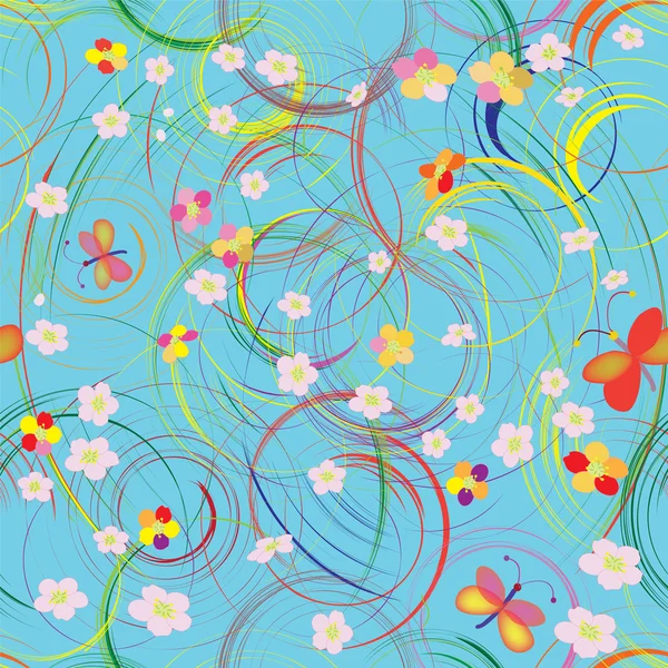 Nahtloses Grunge-Muster mit Regenbogenkreisen, Blumen und Schmetterlingen — Stockvektor