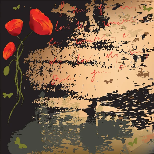 Grunge bakgrund med abstrakt vallmo, fjärilar och splatter — Stock vektor