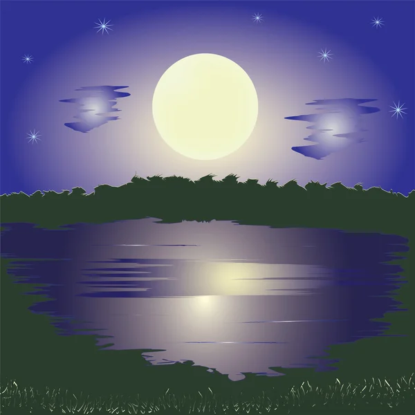 Пейзаж с озером, полнолуние, небо, звезды и лес — стоковый вектор