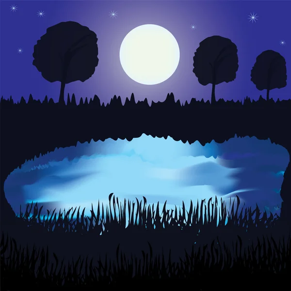 Paisagem noturna com lago, lua cheia, reflexão sobre a água, floresta — Vetor de Stock