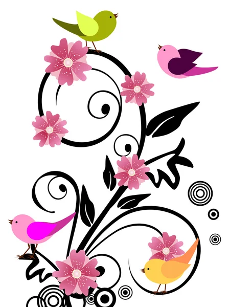 Diseño floral con pájaros — Vector de stock