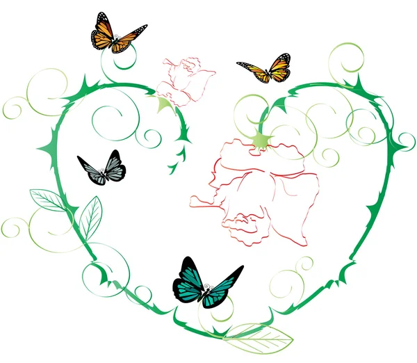 Heart of roses with butterflies — Stock Vector