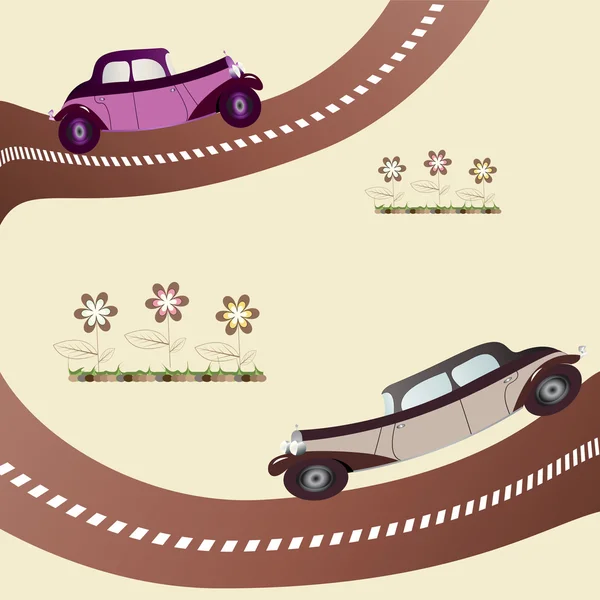Deux voitures anciennes sur la route — Image vectorielle