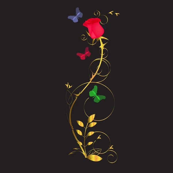 黒い背景にゴールデン茎と赤いバラ — ストックベクタ