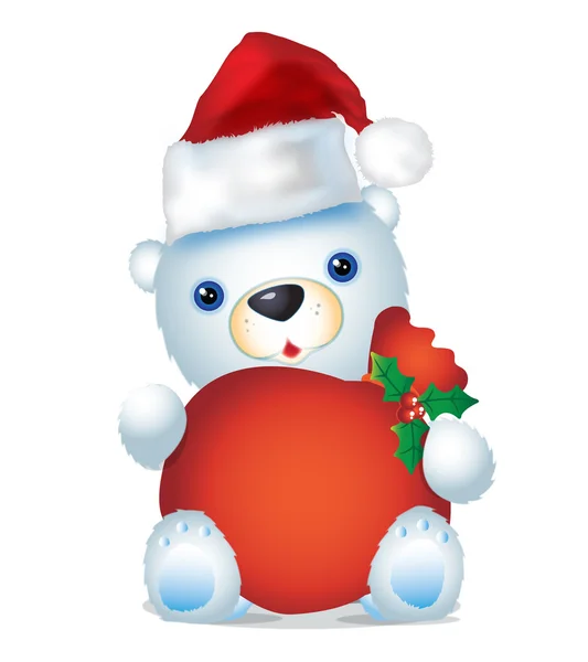 Bílý vánoční medvěd s pytlem sedí — Stock fotografie